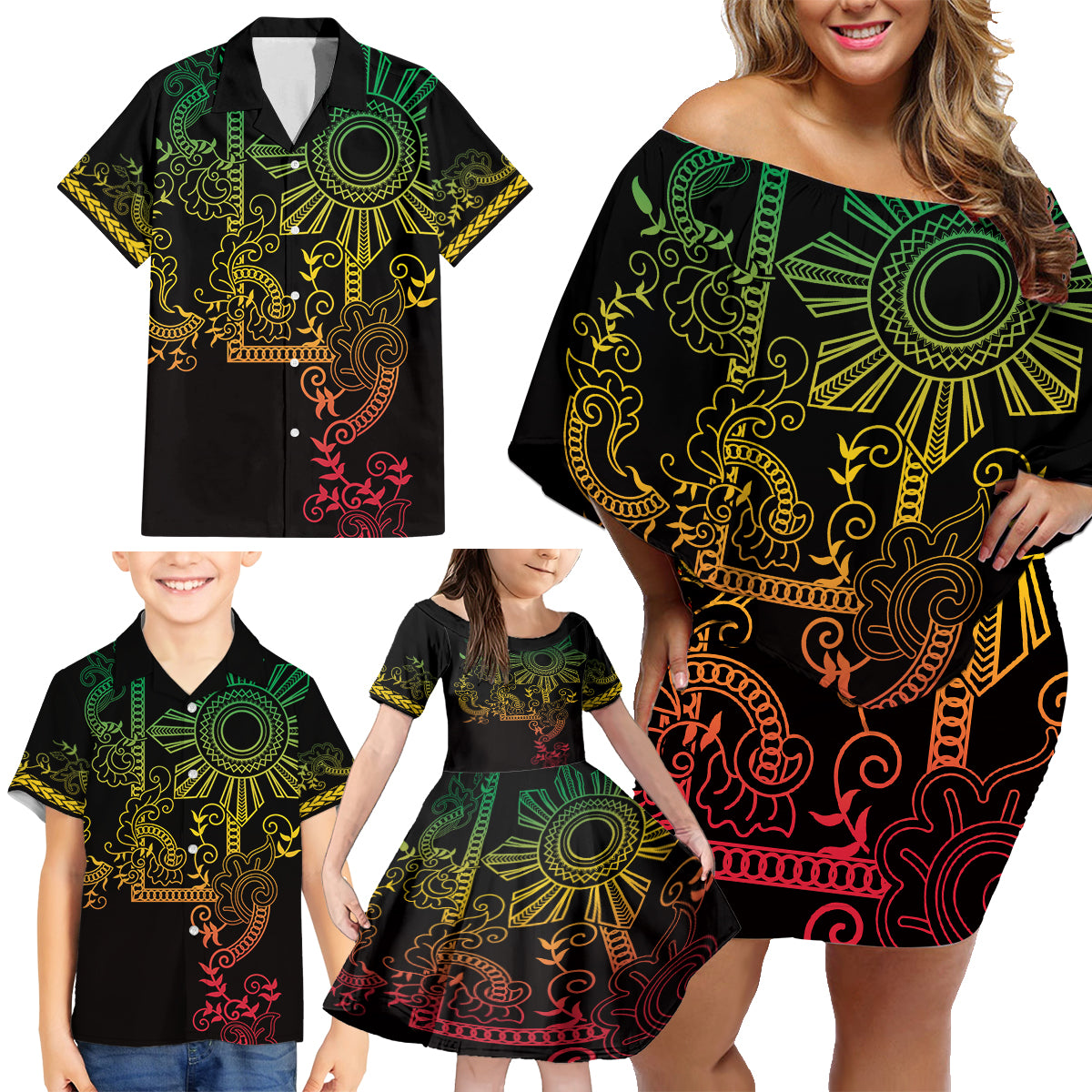 Filipino Sun Tribal Tattoo Family Matching Off Shoulder Short Dress and Hawaiian Shirt Philippines Inspired Barong Reggae Art