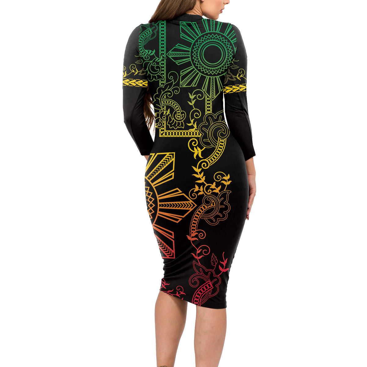 Filipino Sun Tribal Tattoo Long Sleeve Bodycon Dress Philippines Inspired Barong Reggae Art