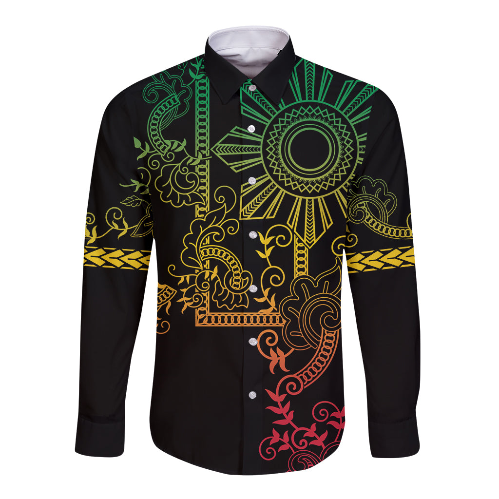 Filipino Sun Tribal Tattoo Long Sleeve Button Shirt Philippines Inspired Barong Reggae Art