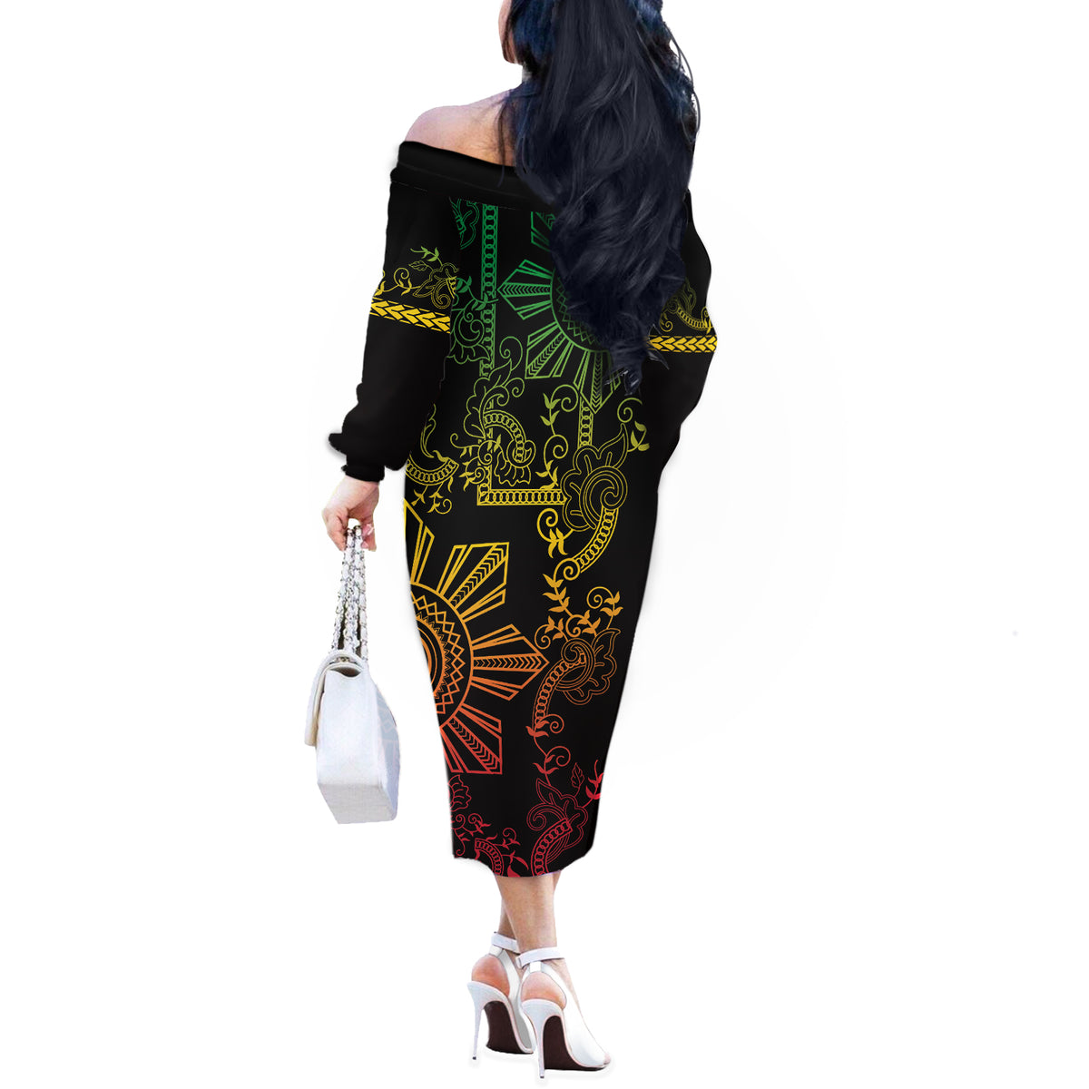 Filipino Sun Tribal Tattoo Off The Shoulder Long Sleeve Dress Philippines Inspired Barong Reggae Art