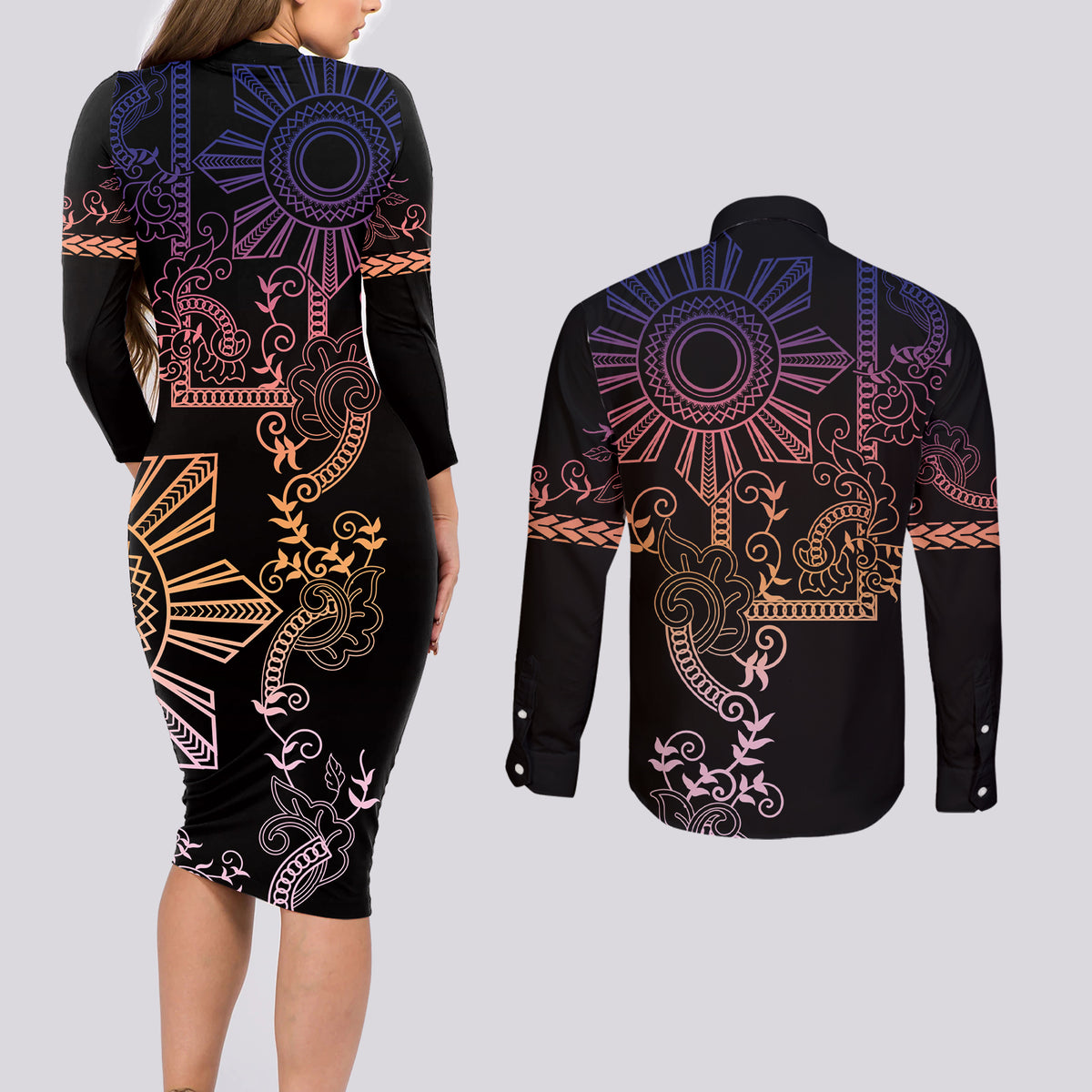 Filipino Sun Tribal Tattoo Couples Matching Long Sleeve Bodycon Dress and Long Sleeve Button Shirt Philippines Inspired Barong Pink Art