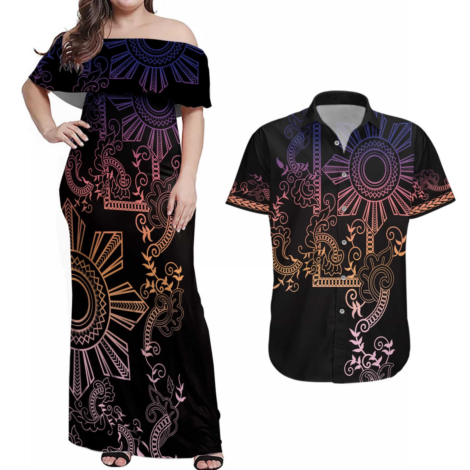 Filipino Sun Tribal Tattoo Couples Matching Off Shoulder Maxi Dress and Hawaiian Shirt Philippines Inspired Barong Pink Art