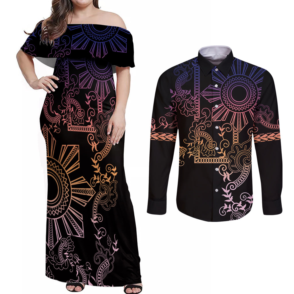 Filipino Sun Tribal Tattoo Couples Matching Off Shoulder Maxi Dress and Long Sleeve Button Shirt Philippines Inspired Barong Pink Art