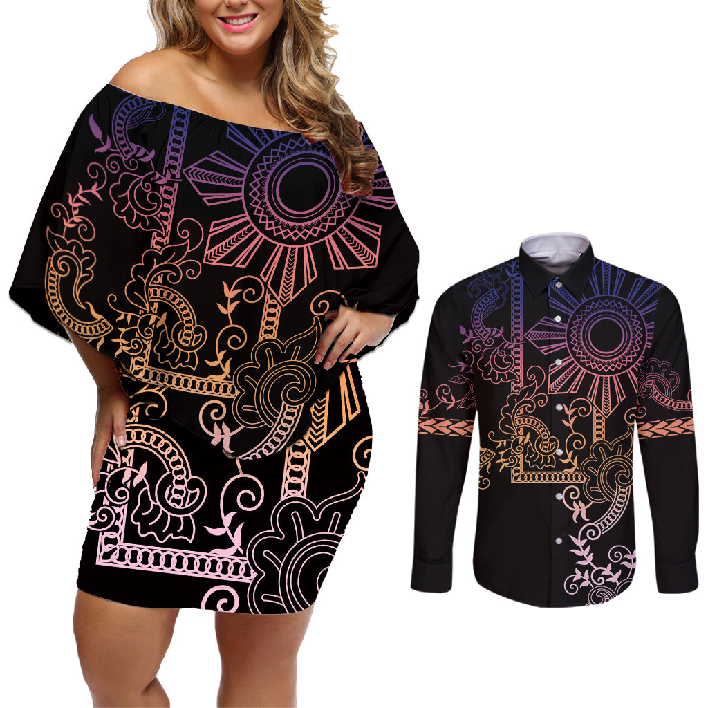 Filipino Sun Tribal Tattoo Couples Matching Off Shoulder Short Dress and Long Sleeve Button Shirt Philippines Inspired Barong Pink Art