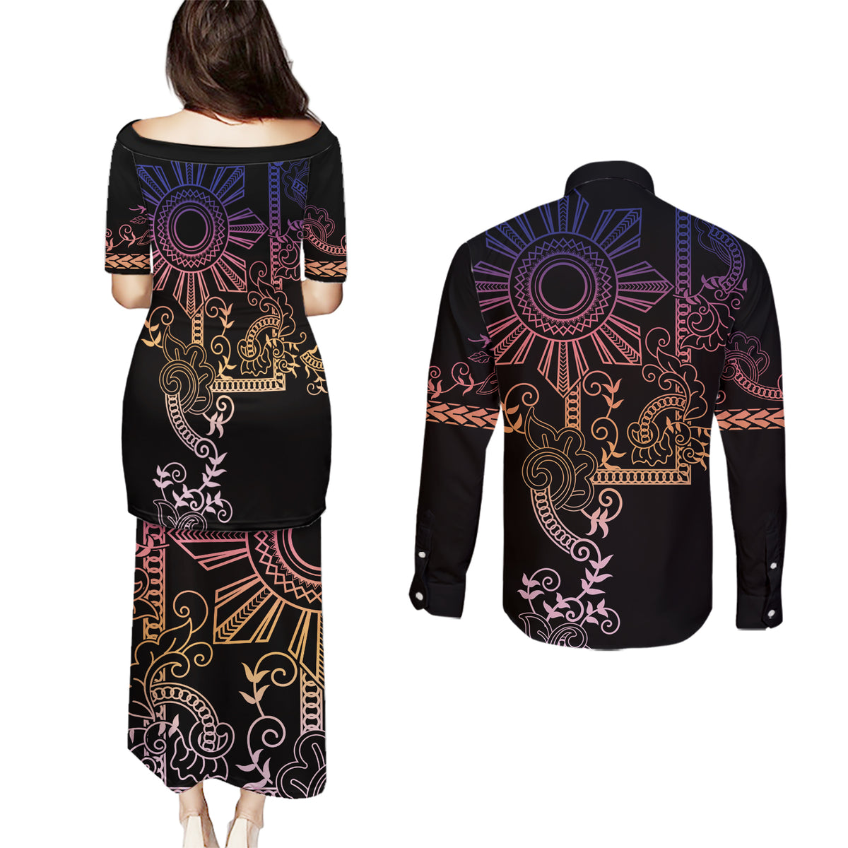 Filipino Sun Tribal Tattoo Couples Matching Puletasi and Long Sleeve Button Shirt Philippines Inspired Barong Pink Art