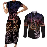 Filipino Sun Tribal Tattoo Couples Matching Short Sleeve Bodycon Dress and Long Sleeve Button Shirt Philippines Inspired Barong Pink Art