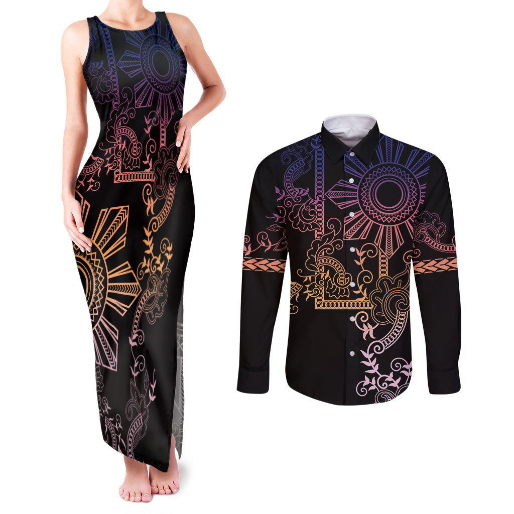 Filipino Sun Tribal Tattoo Couples Matching Tank Maxi Dress and Long Sleeve Button Shirt Philippines Inspired Barong Pink Art