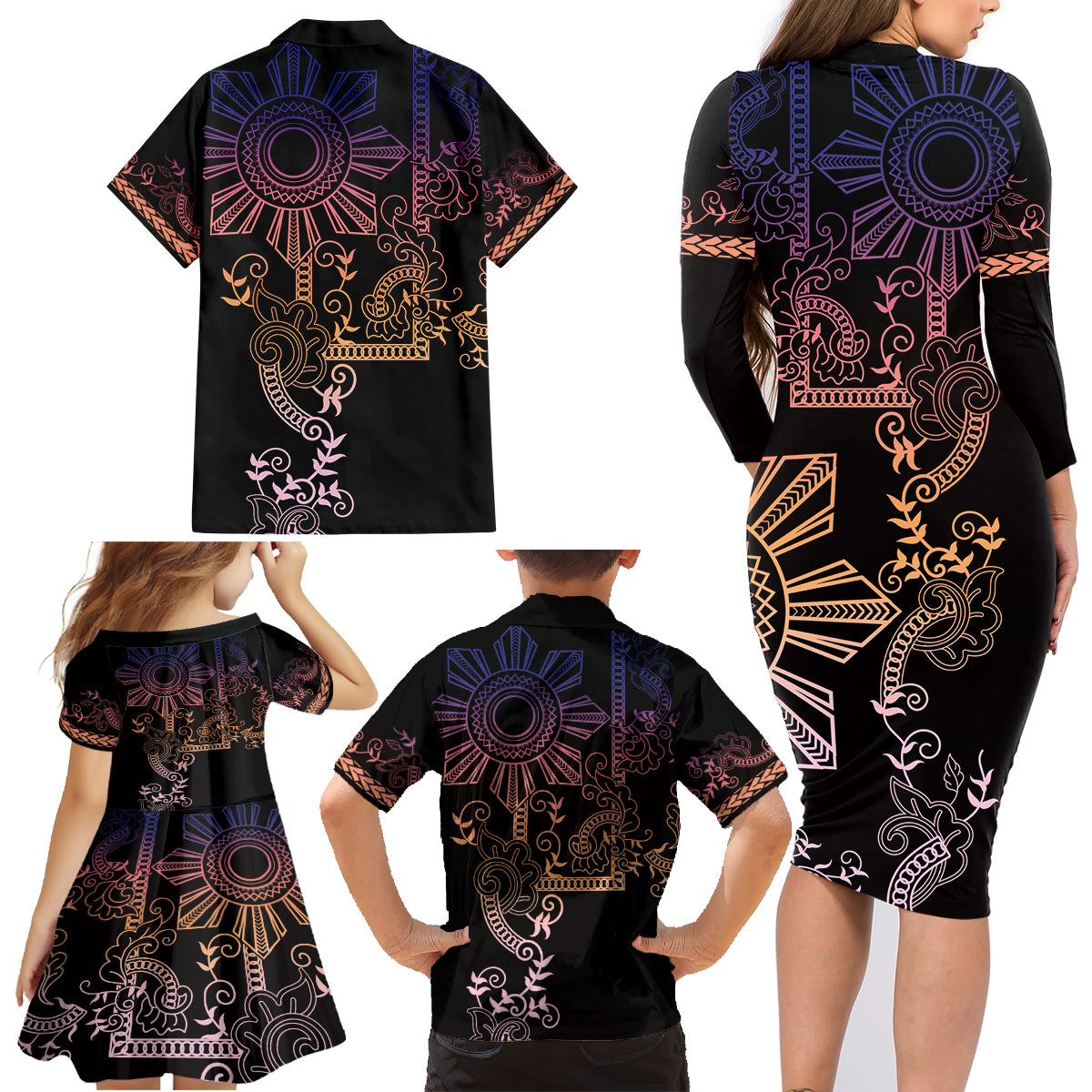 Filipino Sun Tribal Tattoo Family Matching Long Sleeve Bodycon Dress and Hawaiian Shirt Philippines Inspired Barong Pink Art
