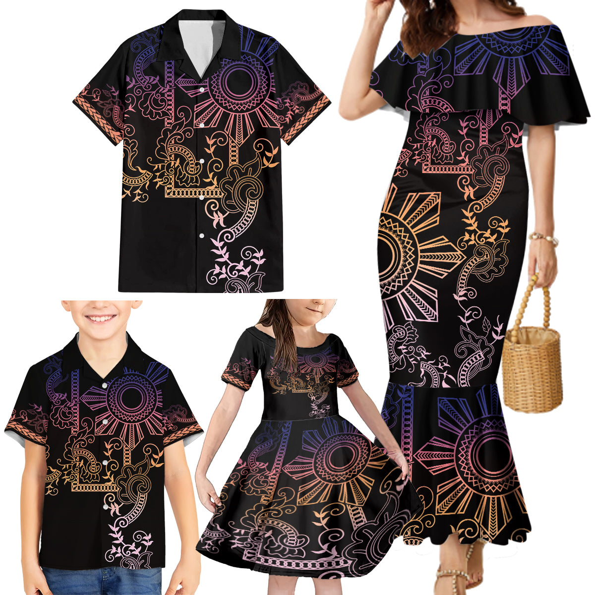 Filipino Sun Tribal Tattoo Family Matching Mermaid Dress and Hawaiian Shirt Philippines Inspired Barong Pink Art