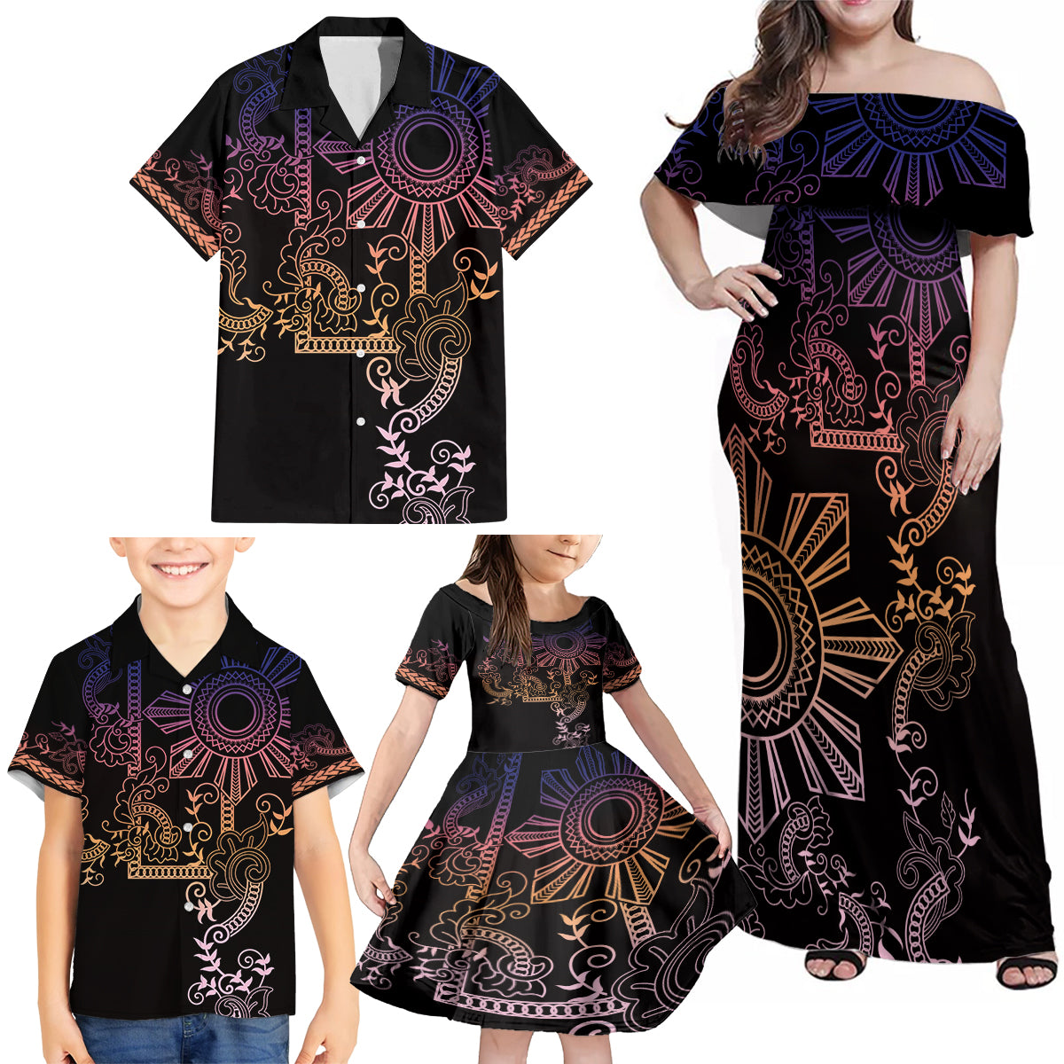 Filipino Sun Tribal Tattoo Family Matching Off Shoulder Maxi Dress and Hawaiian Shirt Philippines Inspired Barong Pink Art