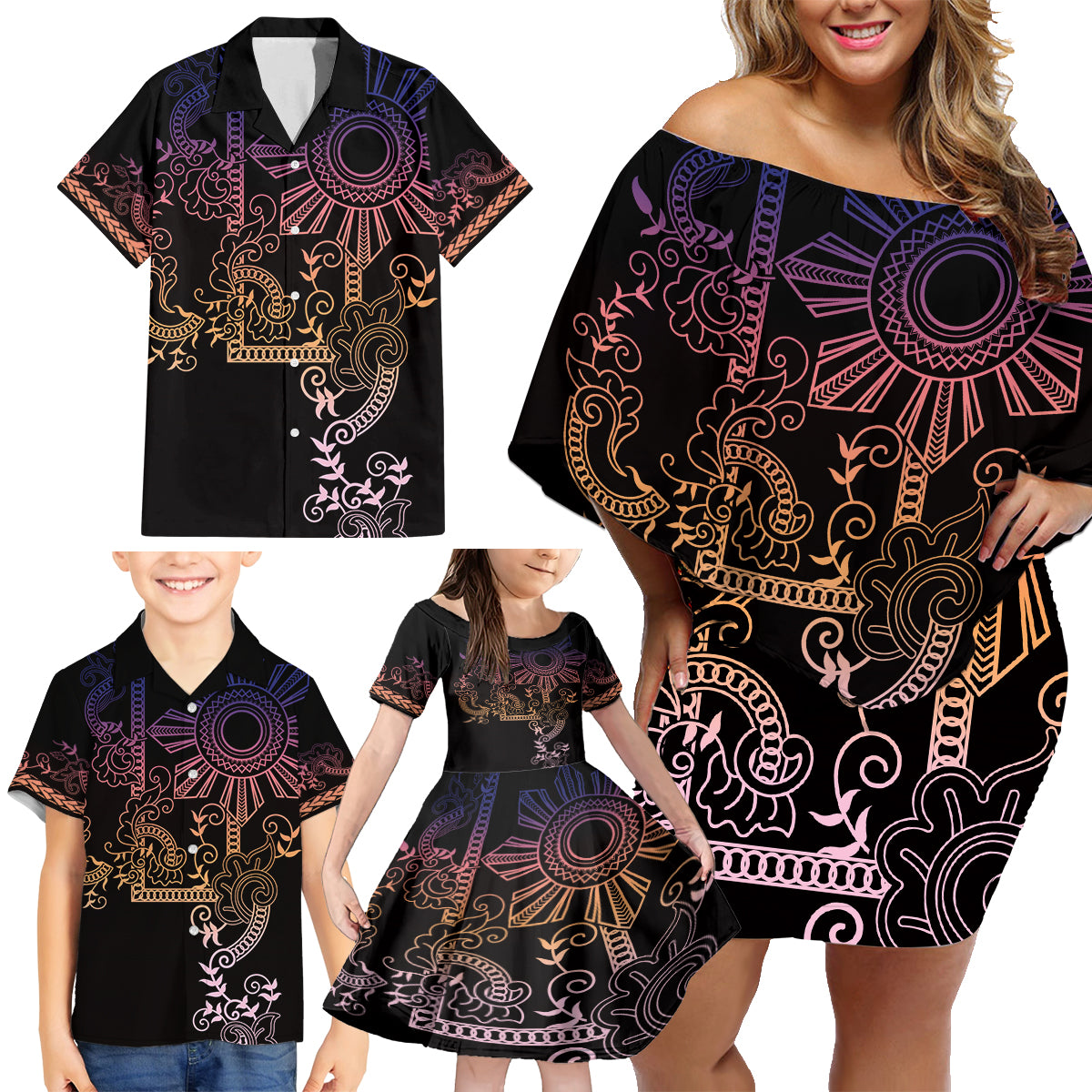 Filipino Sun Tribal Tattoo Family Matching Off Shoulder Short Dress and Hawaiian Shirt Philippines Inspired Barong Pink Art