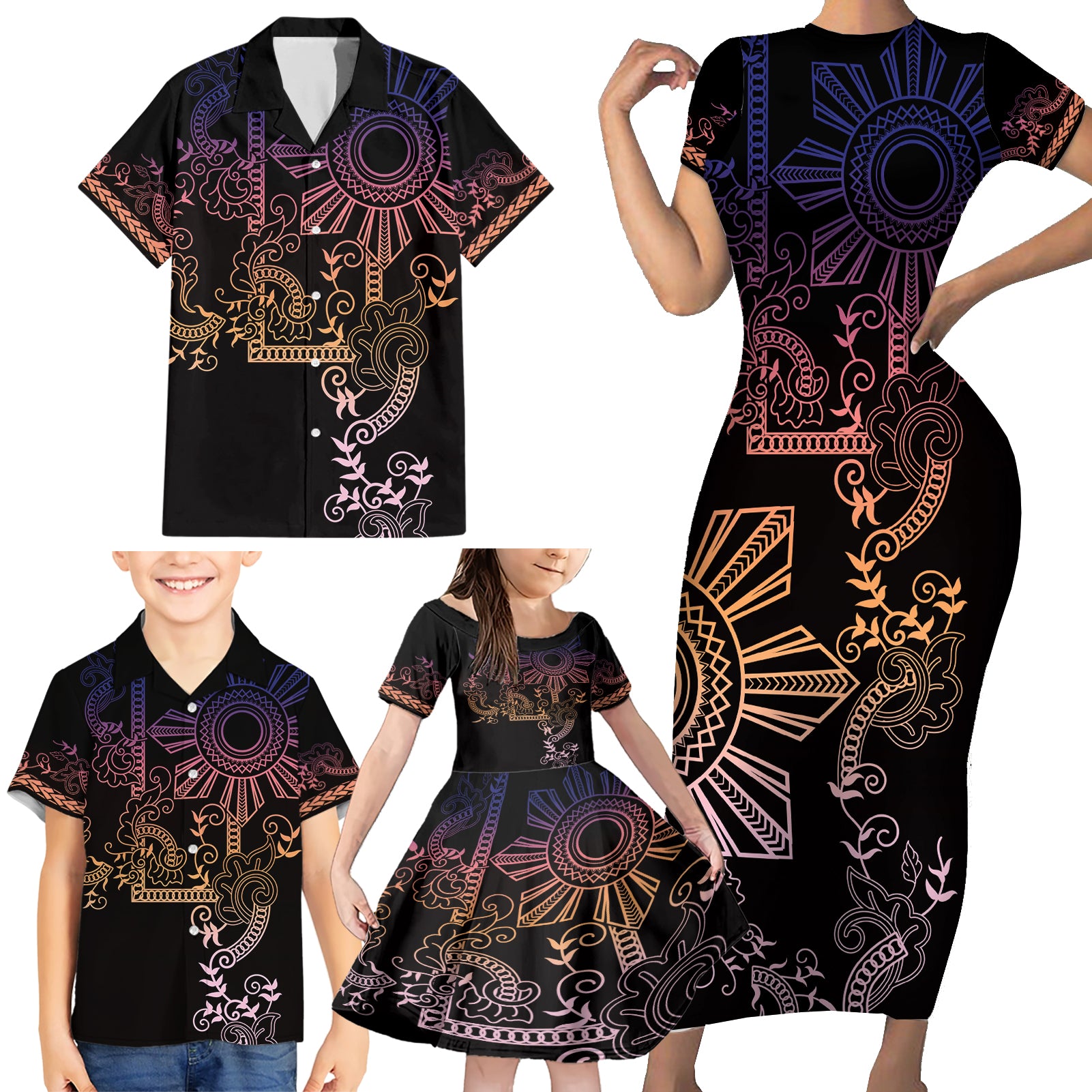 Filipino Sun Tribal Tattoo Family Matching Short Sleeve Bodycon Dress and Hawaiian Shirt Philippines Inspired Barong Pink Art