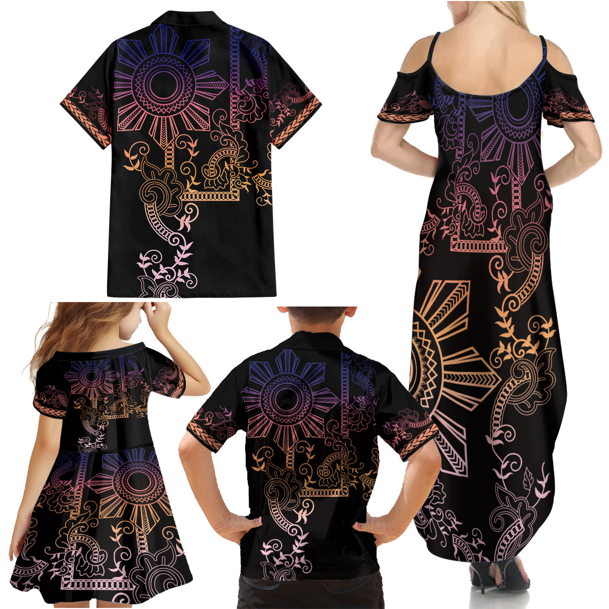 Filipino Sun Tribal Tattoo Family Matching Summer Maxi Dress and Hawaiian Shirt Philippines Inspired Barong Pink Art