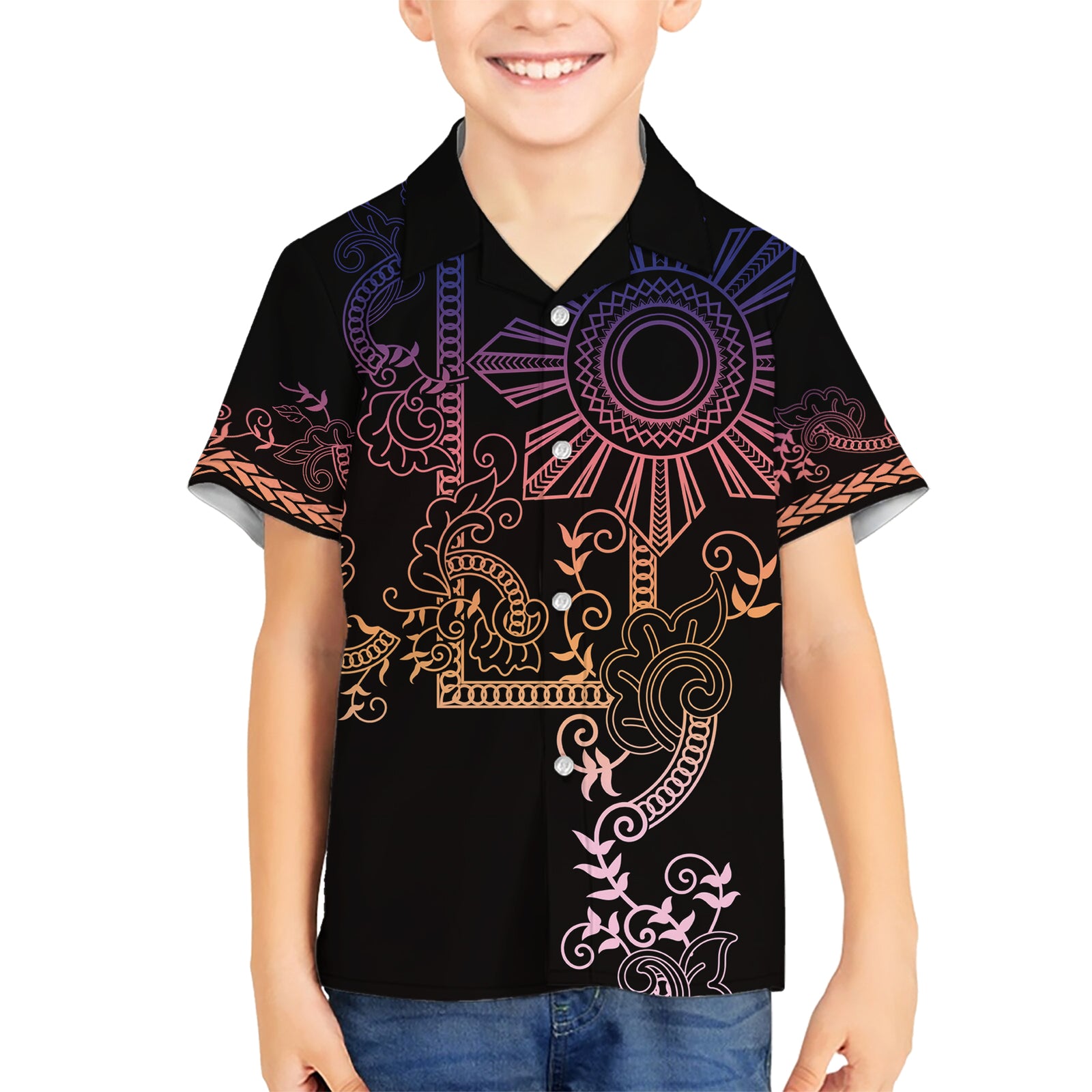 Filipino Sun Tribal Tattoo Kid Hawaiian Shirt Philippines Inspired Barong Pink Art