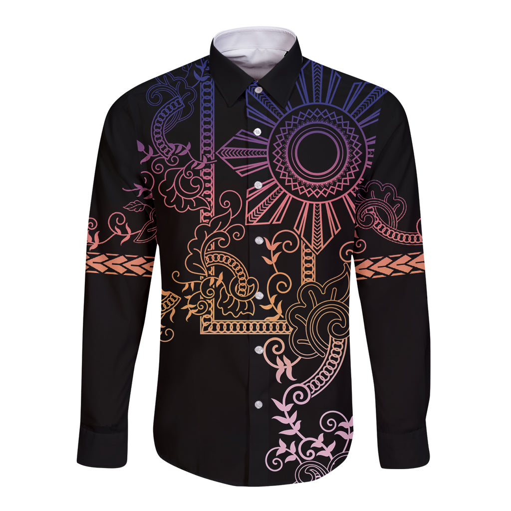 Filipino Sun Tribal Tattoo Long Sleeve Button Shirt Philippines Inspired Barong Pink Art