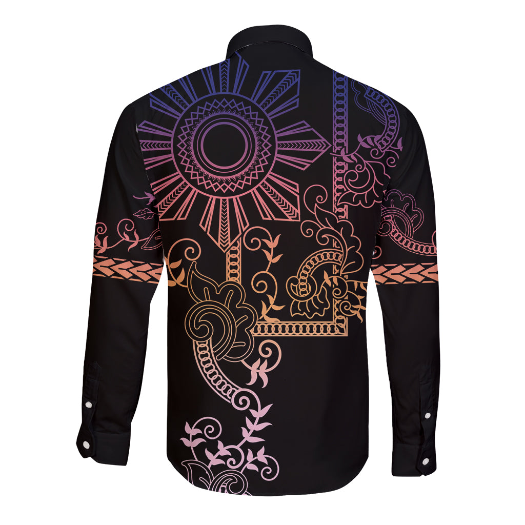 Filipino Sun Tribal Tattoo Long Sleeve Button Shirt Philippines Inspired Barong Pink Art