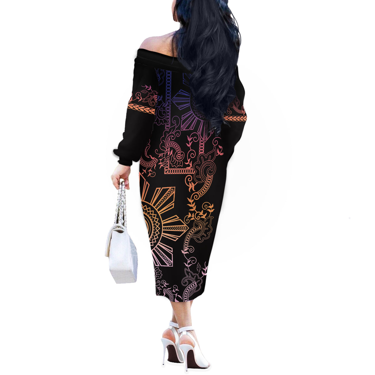 Filipino Sun Tribal Tattoo Off The Shoulder Long Sleeve Dress Philippines Inspired Barong Pink Art