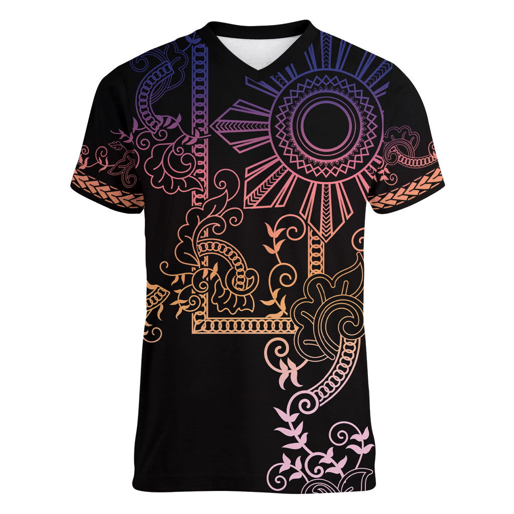 Filipino Sun Tribal Tattoo Women V-Neck T-Shirt Philippines Inspired Barong Pink Art