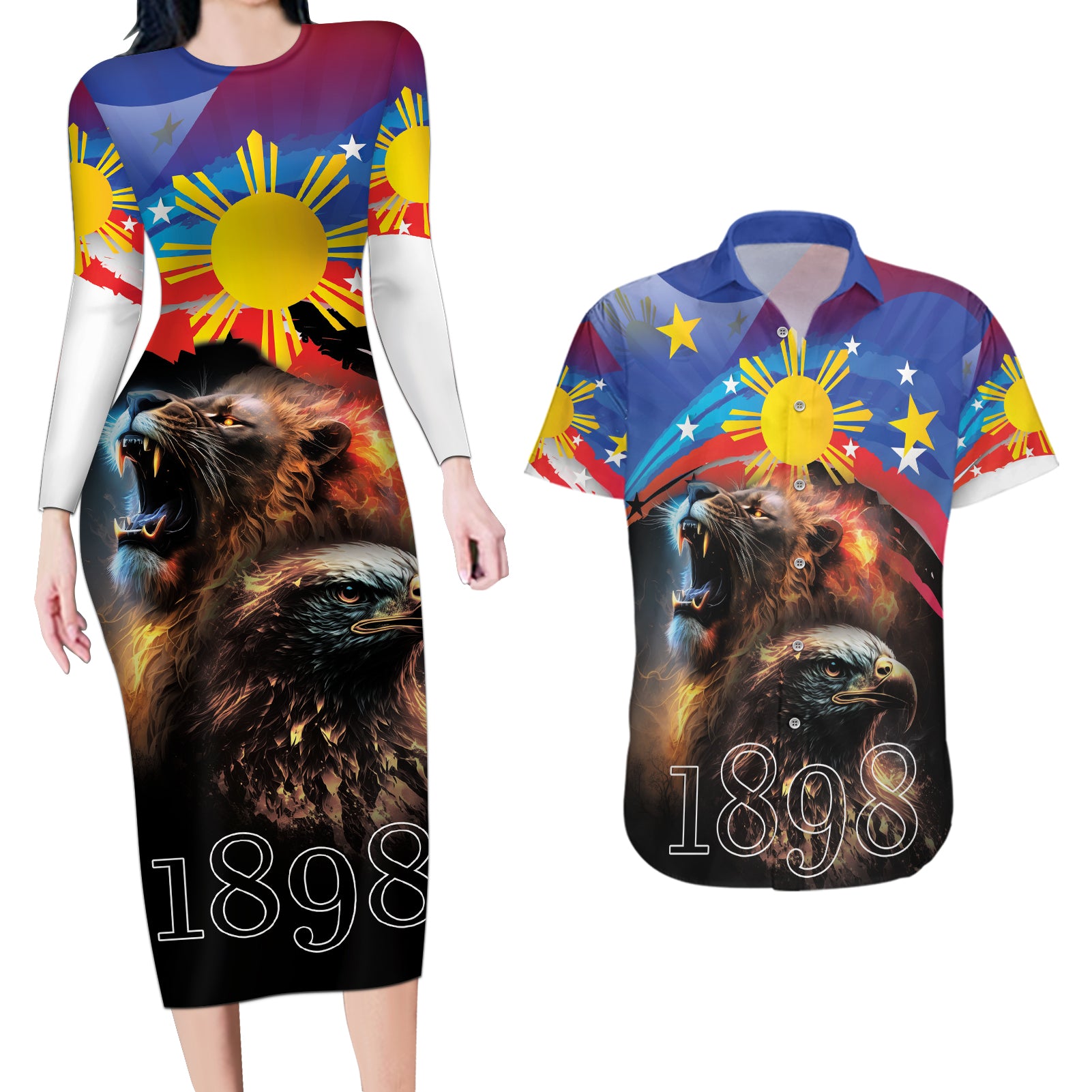 Philippines Lion and Eagle 1898 Couples Matching Long Sleeve Bodycon Dress and Hawaiian Shirt Pilipinas Maligayang Araw ng Kalayaan