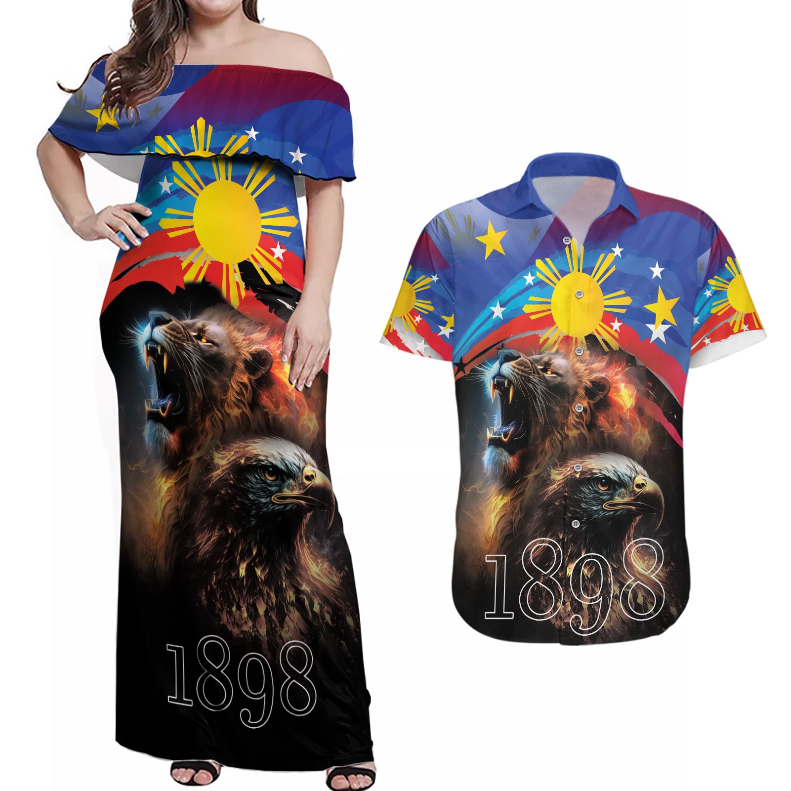 Philippines Lion and Eagle 1898 Couples Matching Off Shoulder Maxi Dress and Hawaiian Shirt Pilipinas Maligayang Araw ng Kalayaan