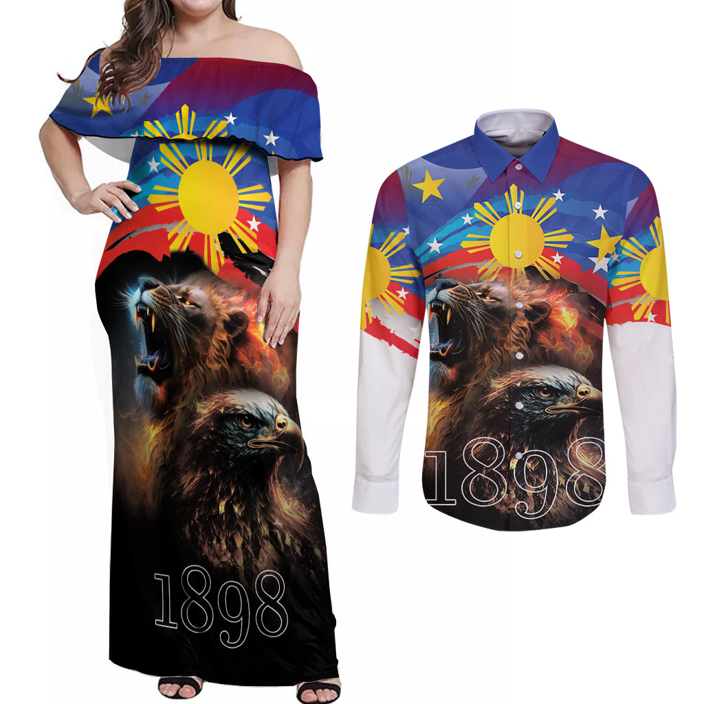 Philippines Lion and Eagle 1898 Couples Matching Off Shoulder Maxi Dress and Long Sleeve Button Shirt Pilipinas Maligayang Araw ng Kalayaan