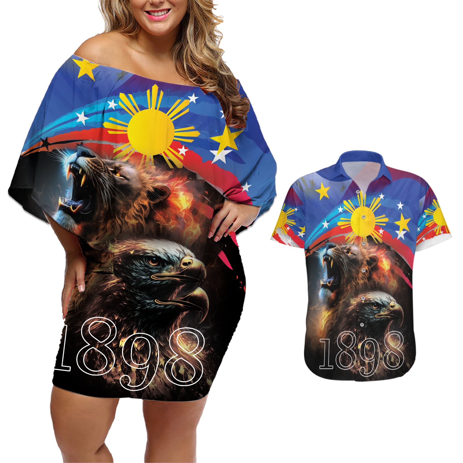 Philippines Lion and Eagle 1898 Couples Matching Off Shoulder Short Dress and Hawaiian Shirt Pilipinas Maligayang Araw ng Kalayaan