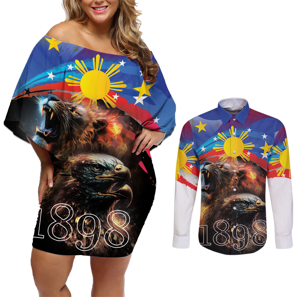 Philippines Lion and Eagle 1898 Couples Matching Off Shoulder Short Dress and Long Sleeve Button Shirt Pilipinas Maligayang Araw ng Kalayaan