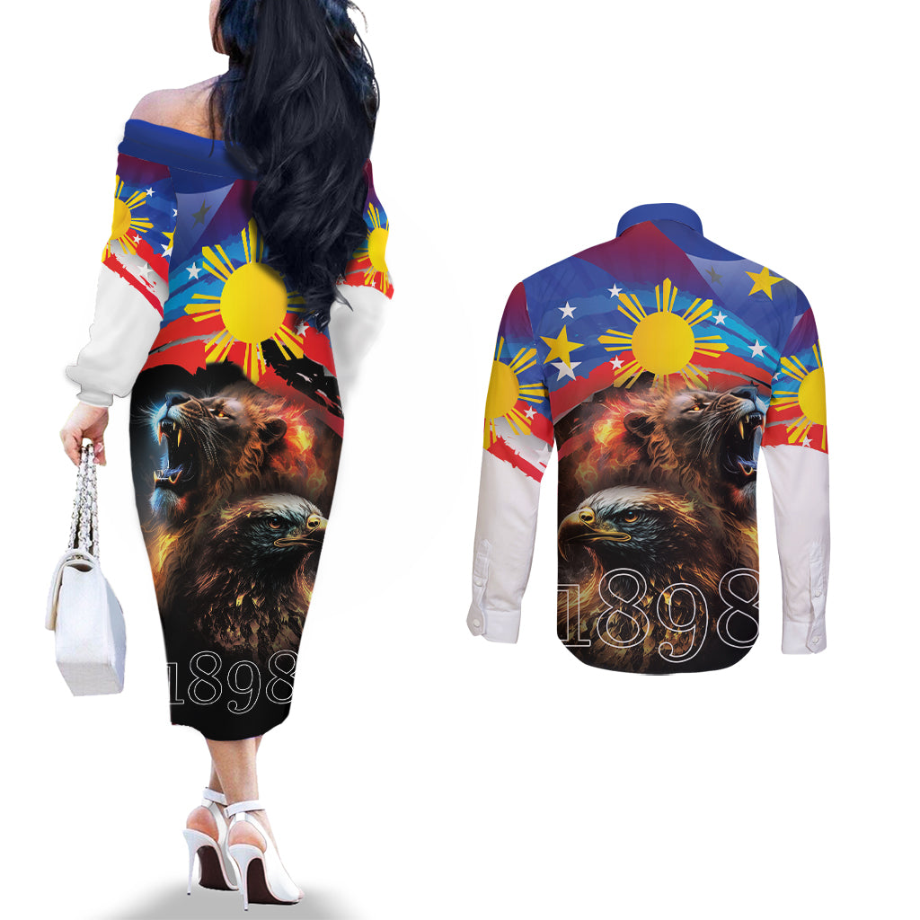 Philippines Lion and Eagle 1898 Couples Matching Off The Shoulder Long Sleeve Dress and Long Sleeve Button Shirt Pilipinas Maligayang Araw ng Kalayaan
