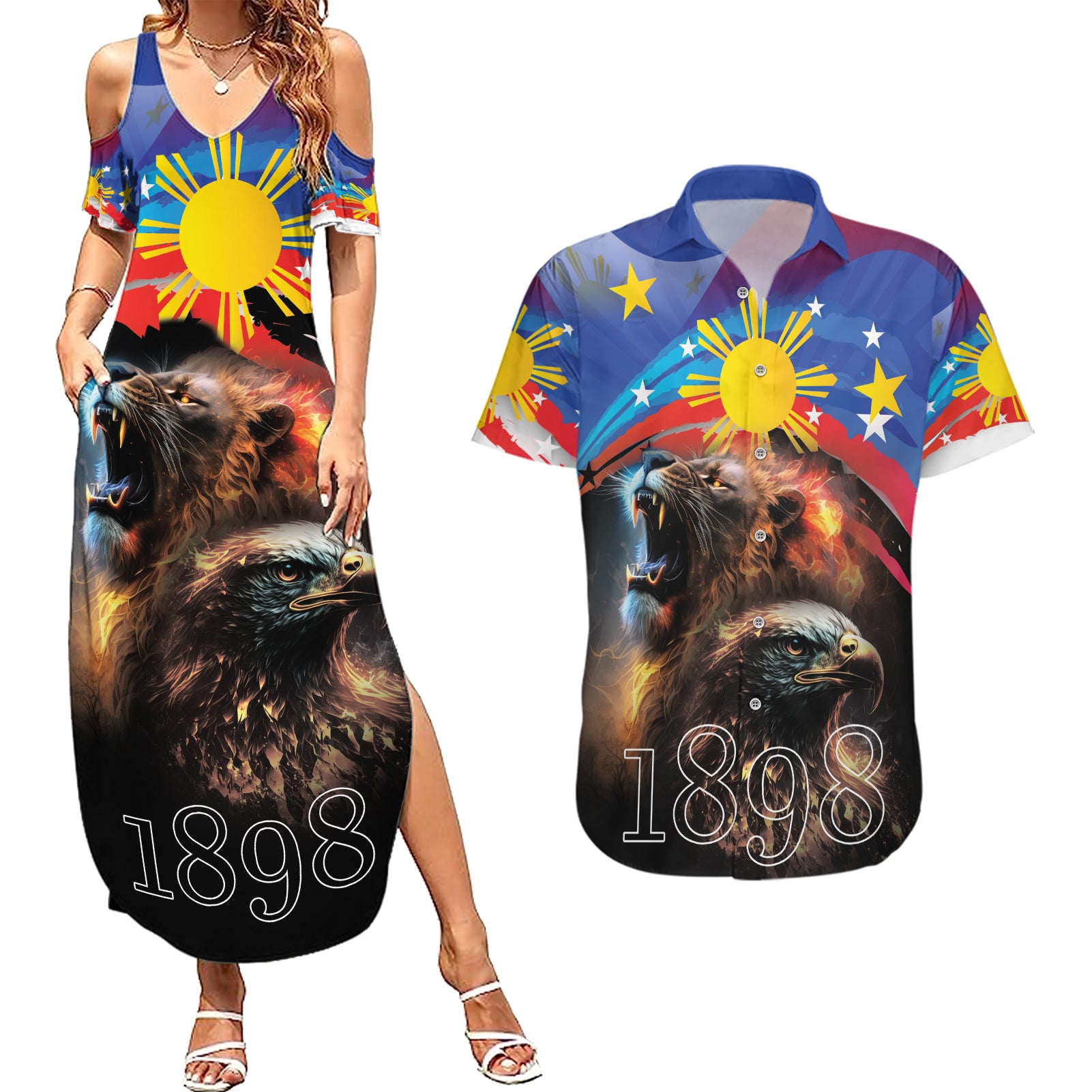 Philippines Lion and Eagle 1898 Couples Matching Summer Maxi Dress and Hawaiian Shirt Pilipinas Maligayang Araw ng Kalayaan