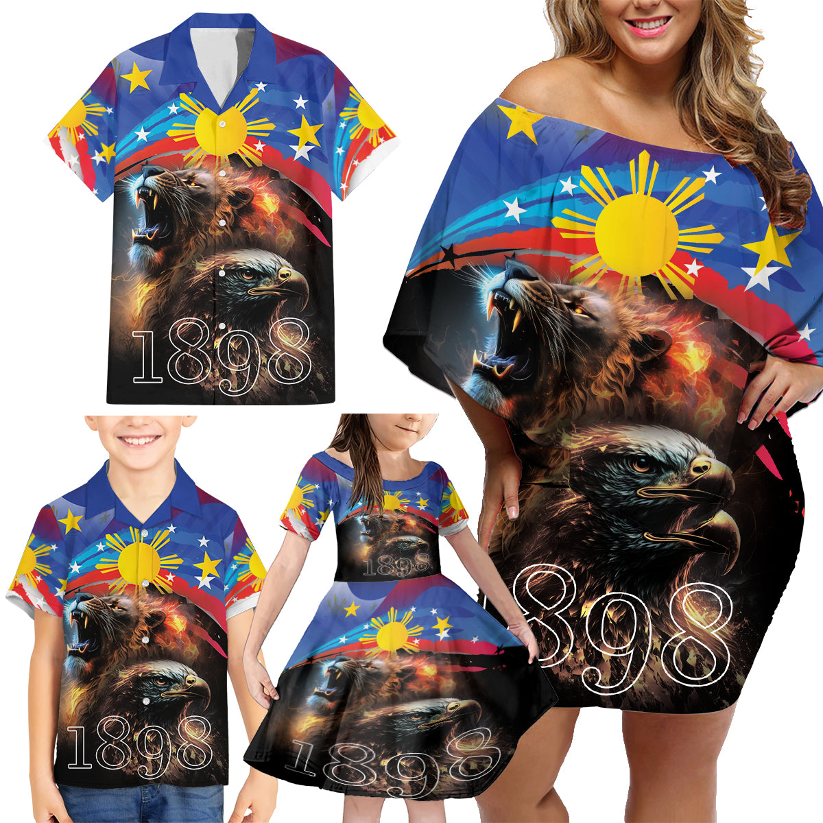 Philippines Lion and Eagle 1898 Family Matching Off Shoulder Short Dress and Hawaiian Shirt Pilipinas Maligayang Araw ng Kalayaan