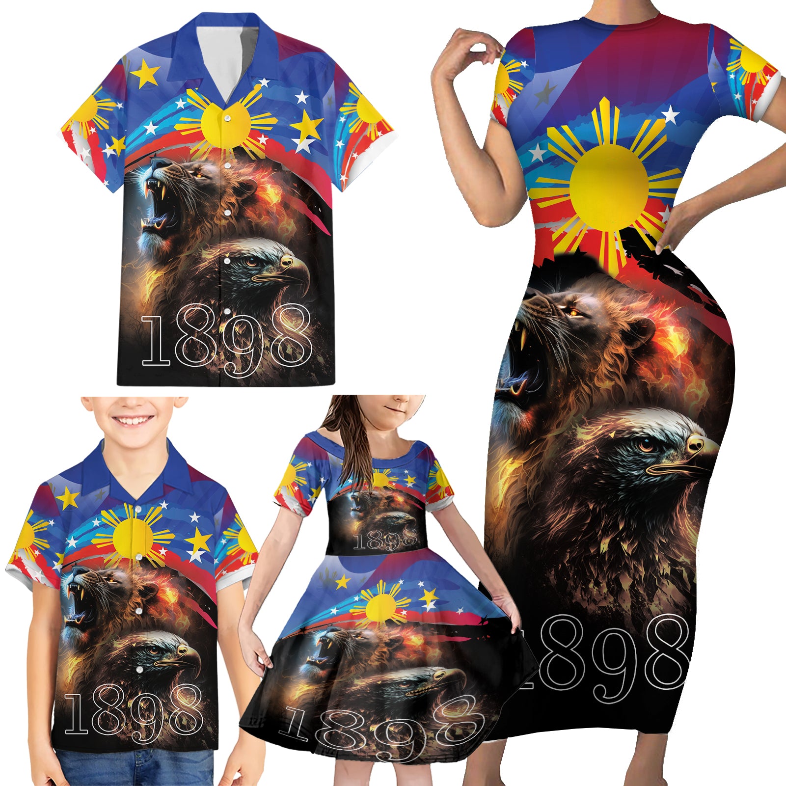 Philippines Lion and Eagle 1898 Family Matching Short Sleeve Bodycon Dress and Hawaiian Shirt Pilipinas Maligayang Araw ng Kalayaan