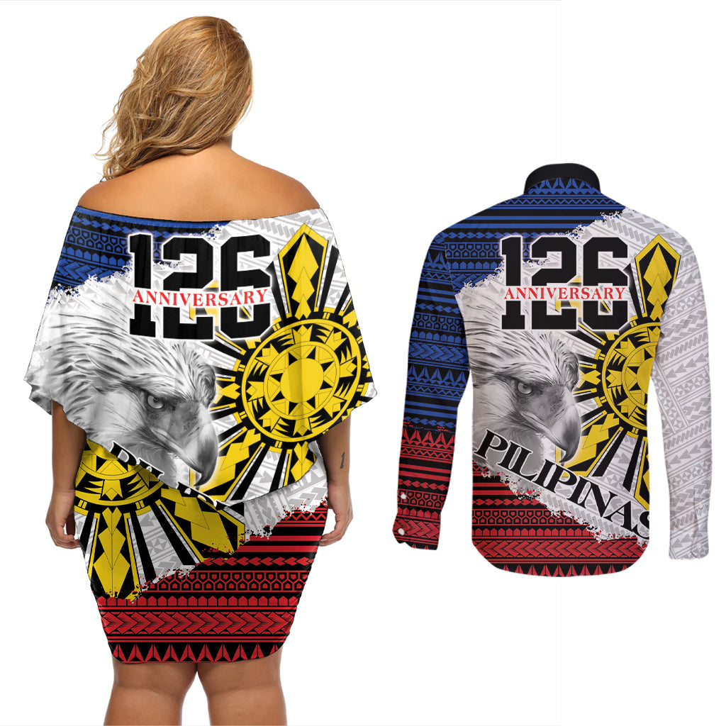 Philippines 126th Independence Day Couples Matching Off Shoulder Short Dress and Long Sleeve Button Shirt Pilipinas Hunyo 12 Maligayang Araw ng Kalayaan