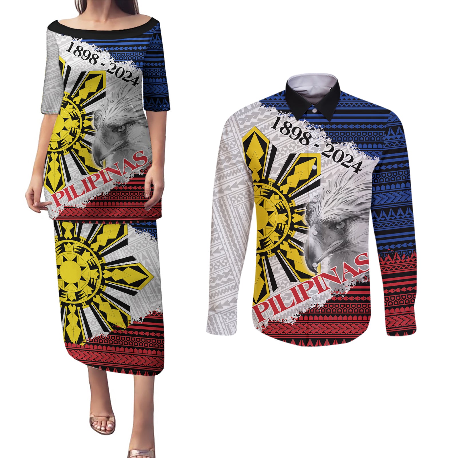 Philippines 126th Independence Day Couples Matching Puletasi and Long Sleeve Button Shirt Pilipinas Hunyo 12 Maligayang Araw ng Kalayaan