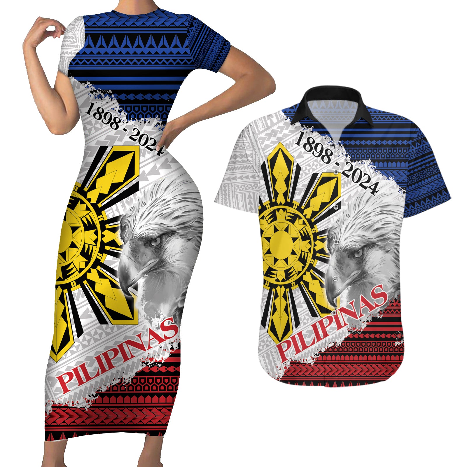 Philippines 126th Independence Day Couples Matching Short Sleeve Bodycon Dress and Hawaiian Shirt Pilipinas Hunyo 12 Maligayang Araw ng Kalayaan