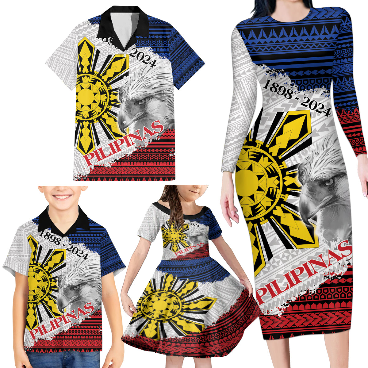 Philippines 126th Independence Day Family Matching Long Sleeve Bodycon Dress and Hawaiian Shirt Pilipinas Hunyo 12 Maligayang Araw ng Kalayaan