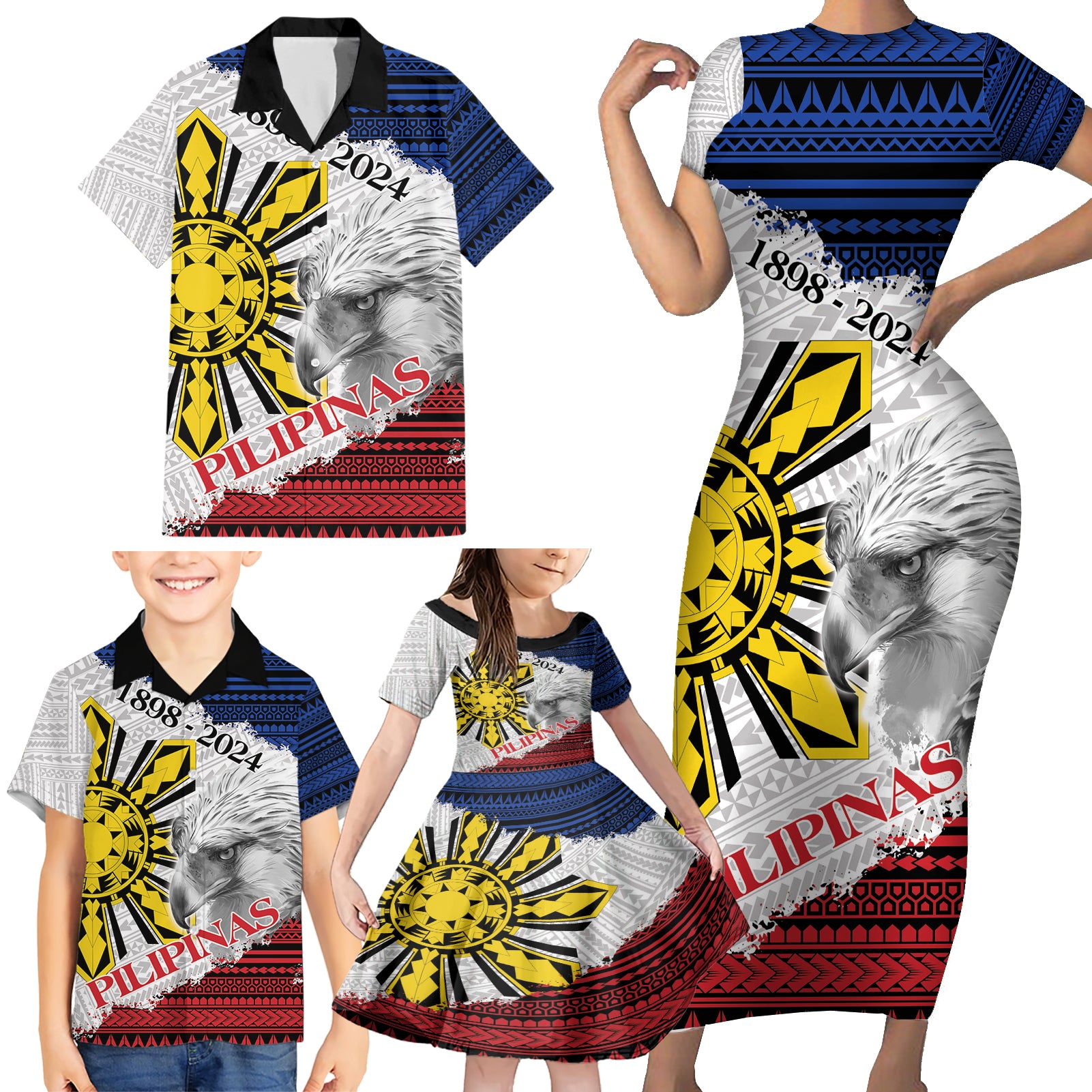 Philippines 126th Independence Day Family Matching Short Sleeve Bodycon Dress and Hawaiian Shirt Pilipinas Hunyo 12 Maligayang Araw ng Kalayaan