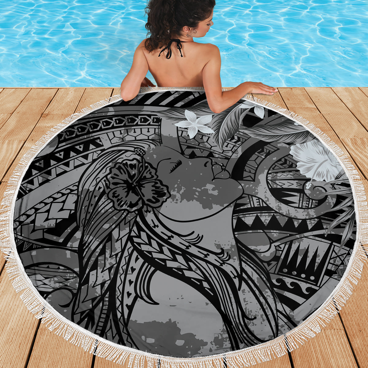 Pacific Beauty Girl Beach Blanket Black Polyneisan Tribal Vintage Motif LT9 - Polynesian Pride