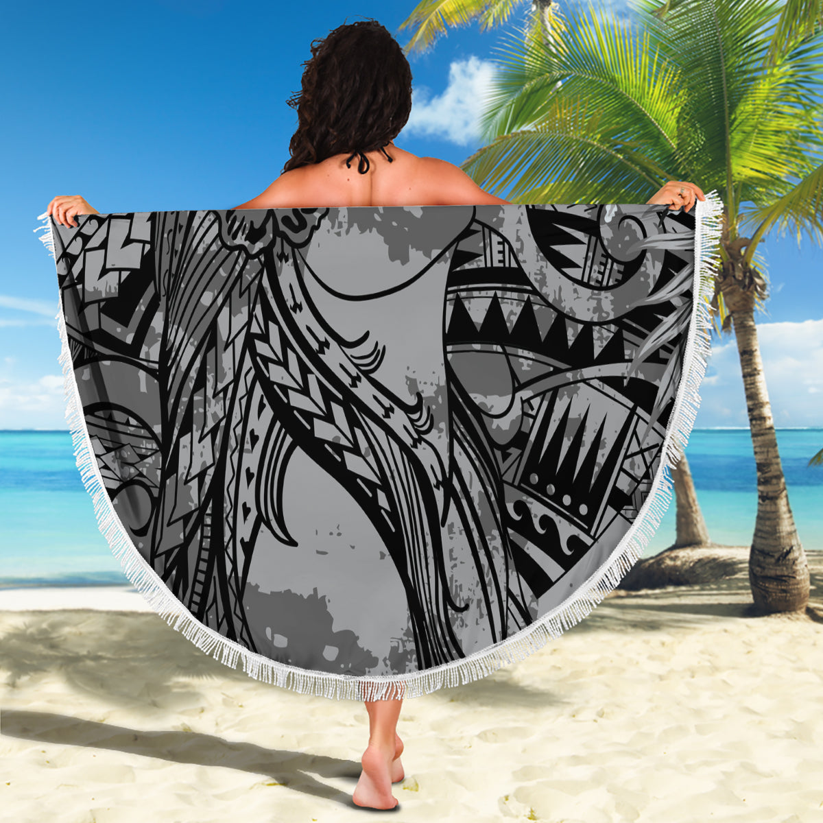 Pacific Beauty Girl Beach Blanket Black Polyneisan Tribal Vintage Motif LT9 - Polynesian Pride