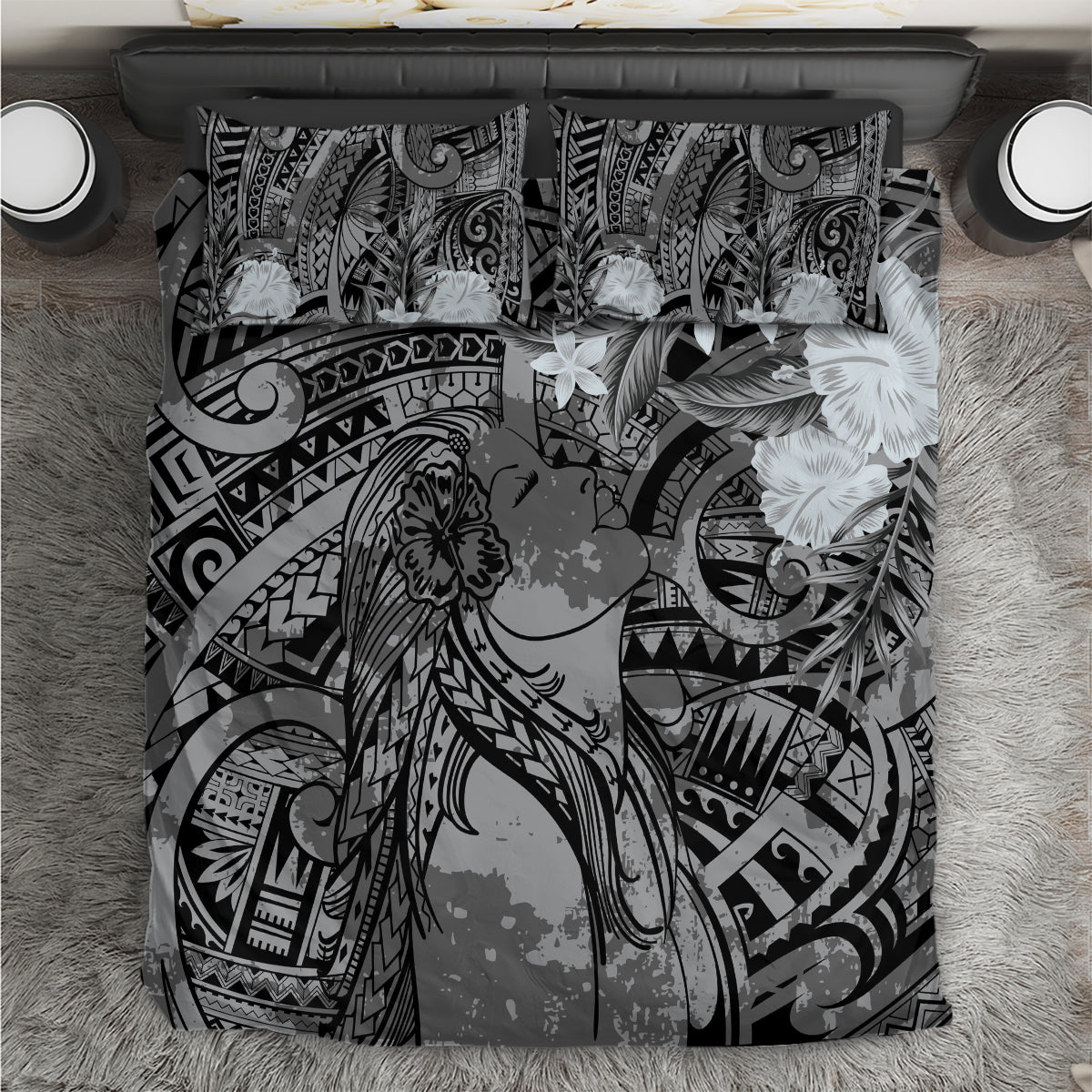 Pacific Beauty Girl Bedding Set Black Polyneisan Tribal Vintage Motif LT9 Black - Polynesian Pride