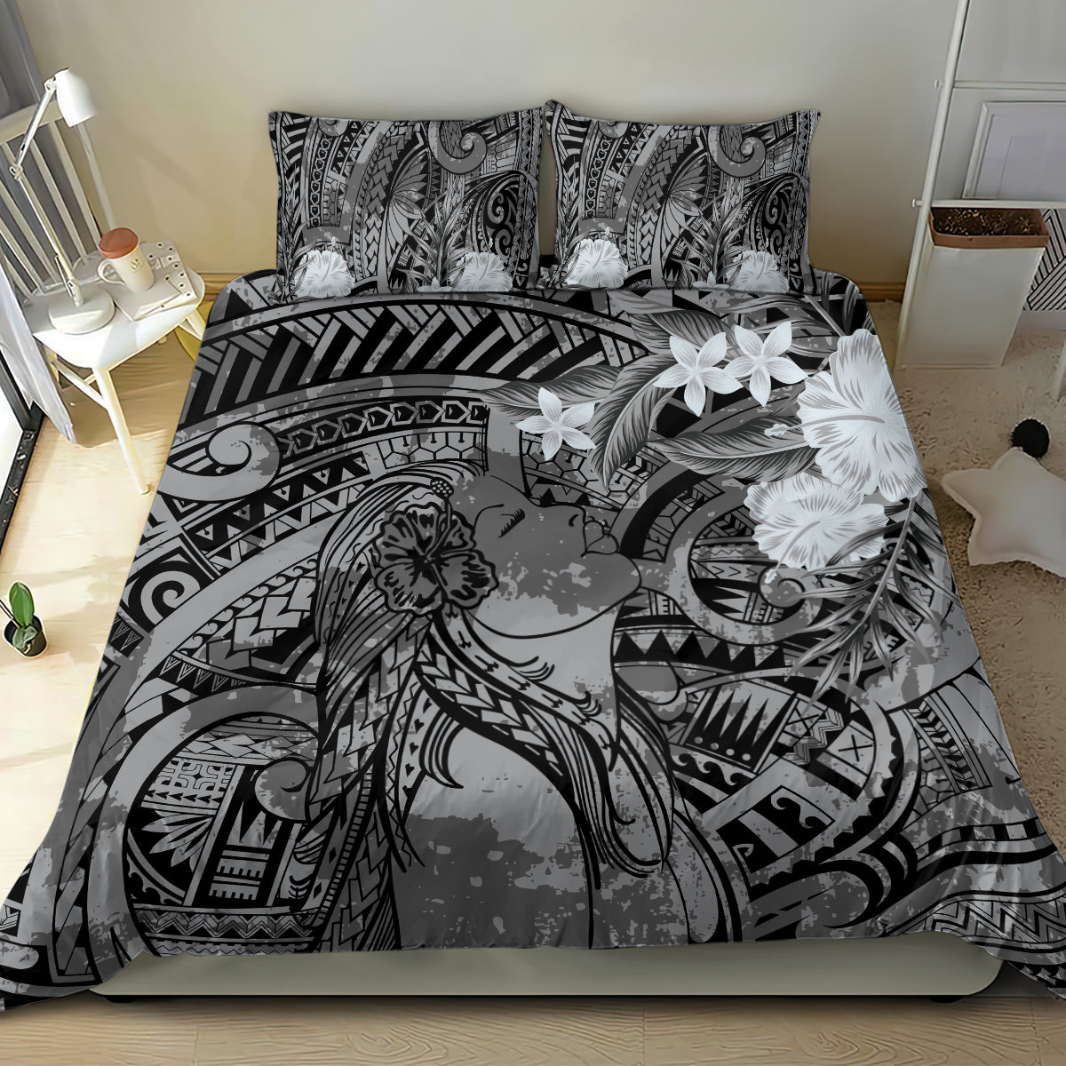 Pacific Beauty Girl Bedding Set Black Polyneisan Tribal Vintage Motif LT9 - Polynesian Pride