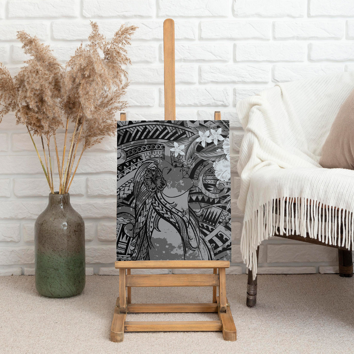 Pacific Beauty Girl Canvas Wall Art Black Polyneisan Tribal Vintage Motif LT9 - Polynesian Pride