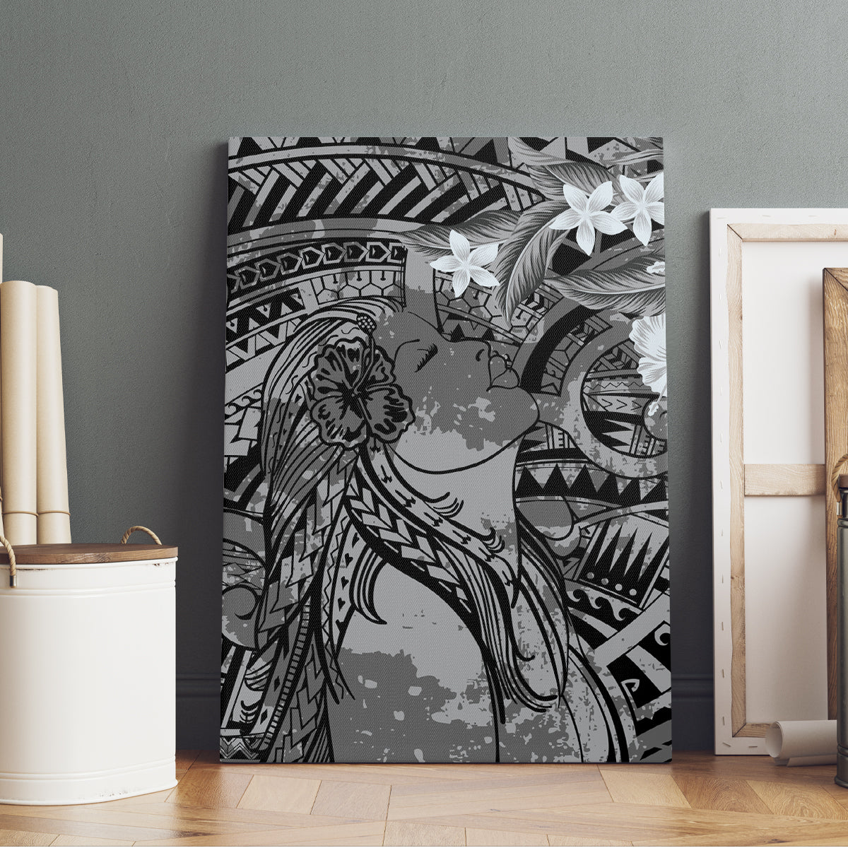 Pacific Beauty Girl Canvas Wall Art Black Polyneisan Tribal Vintage Motif LT9 - Polynesian Pride