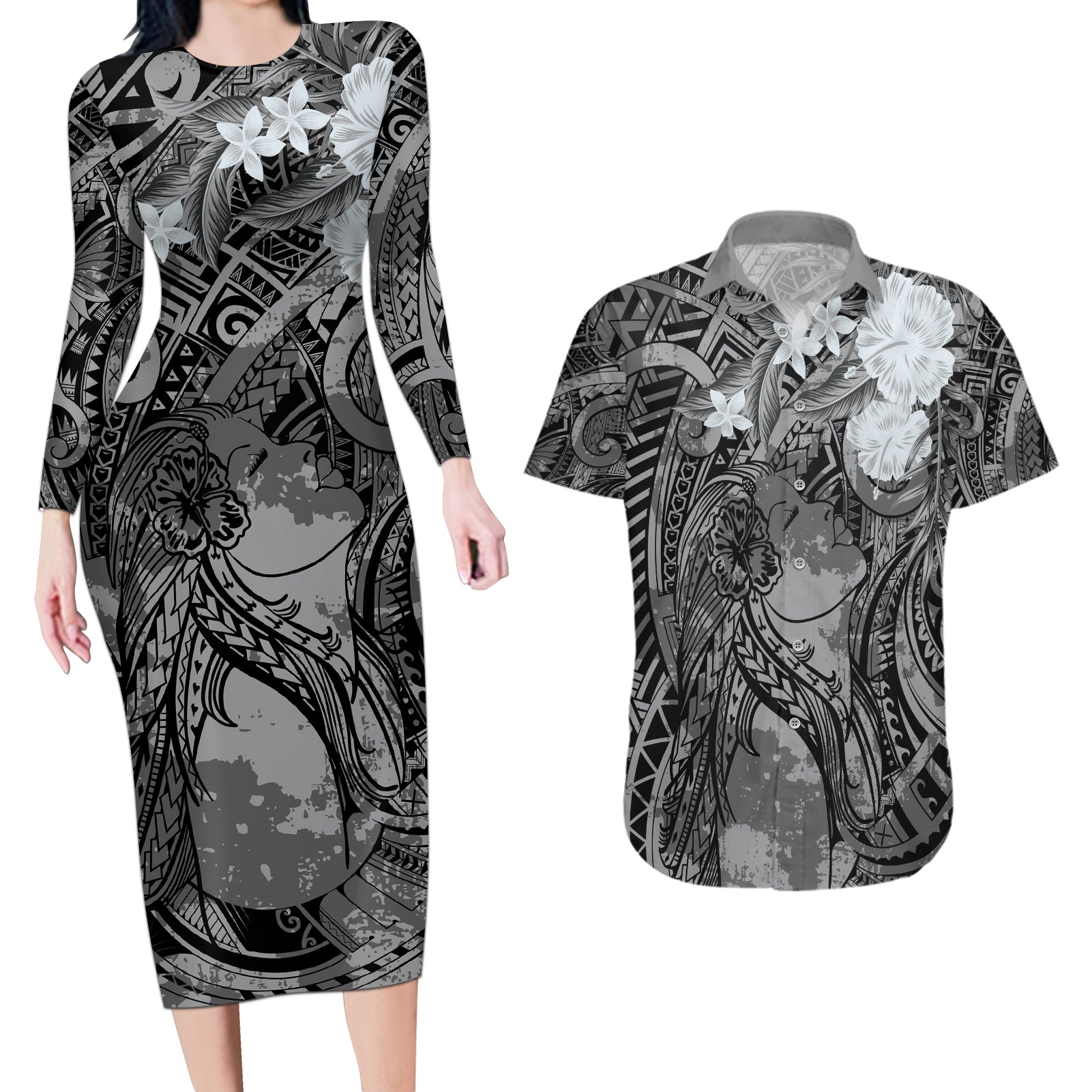 Pacific Beauty Girl Couples Matching Long Sleeve Bodycon Dress and Hawaiian Shirt Black Polyneisan Tribal Vintage Motif