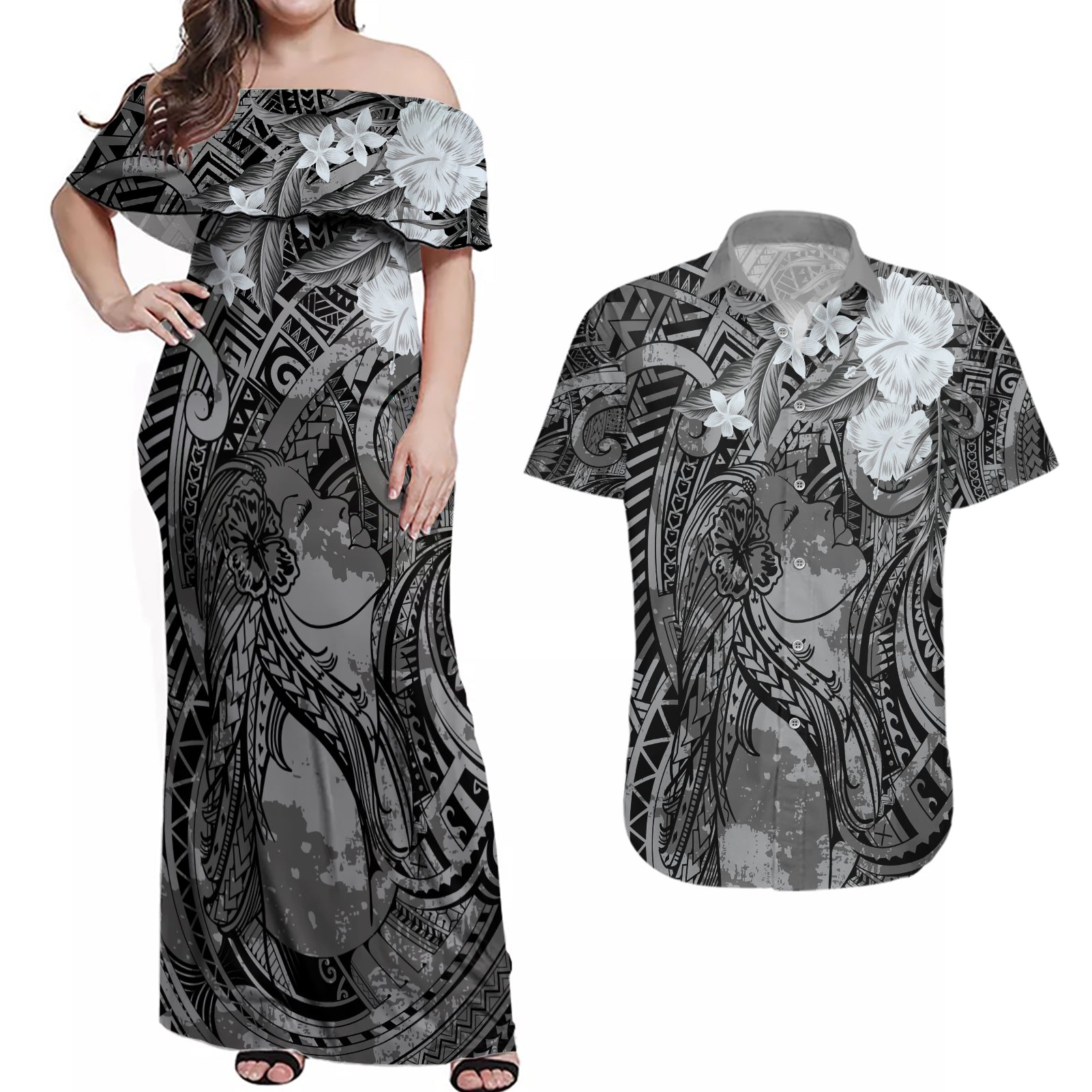 Pacific Beauty Girl Couples Matching Off Shoulder Maxi Dress and Hawaiian Shirt Black Polyneisan Tribal Vintage Motif