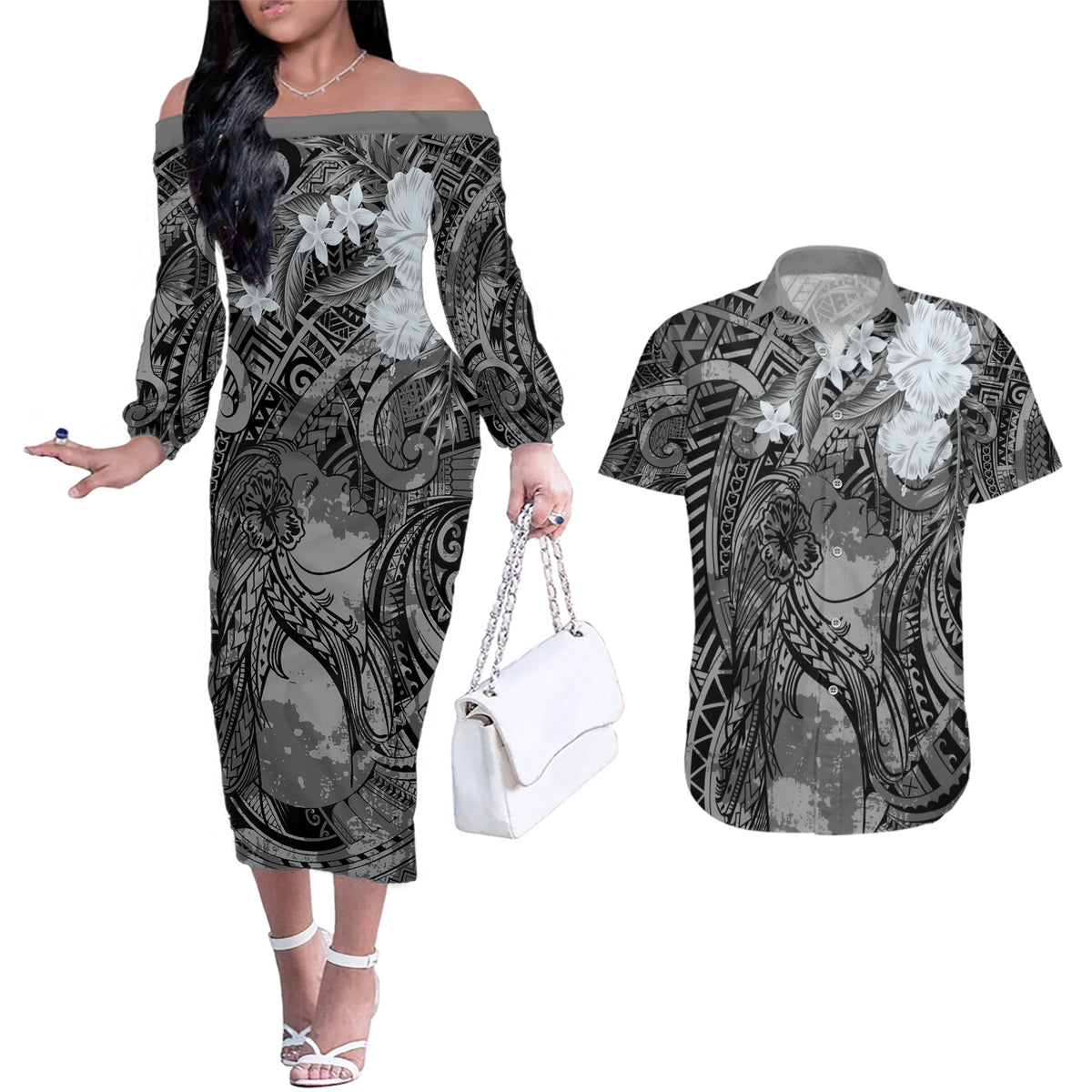 Pacific Beauty Girl Couples Matching Off The Shoulder Long Sleeve Dress and Hawaiian Shirt Black Polyneisan Tribal Vintage Motif