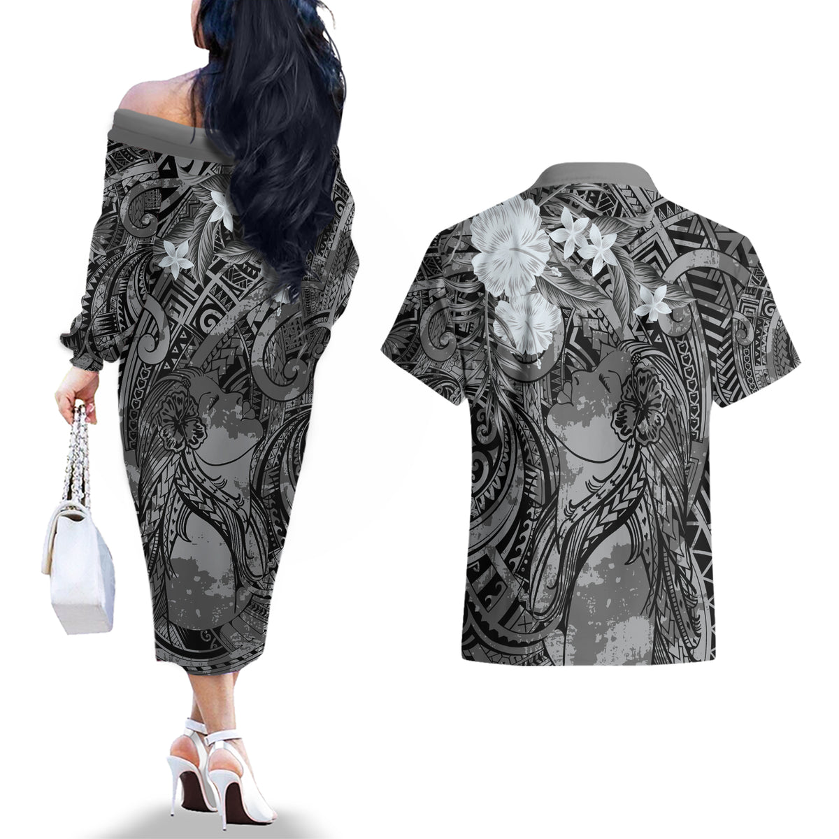 Pacific Beauty Girl Couples Matching Off The Shoulder Long Sleeve Dress and Hawaiian Shirt Black Polyneisan Tribal Vintage Motif