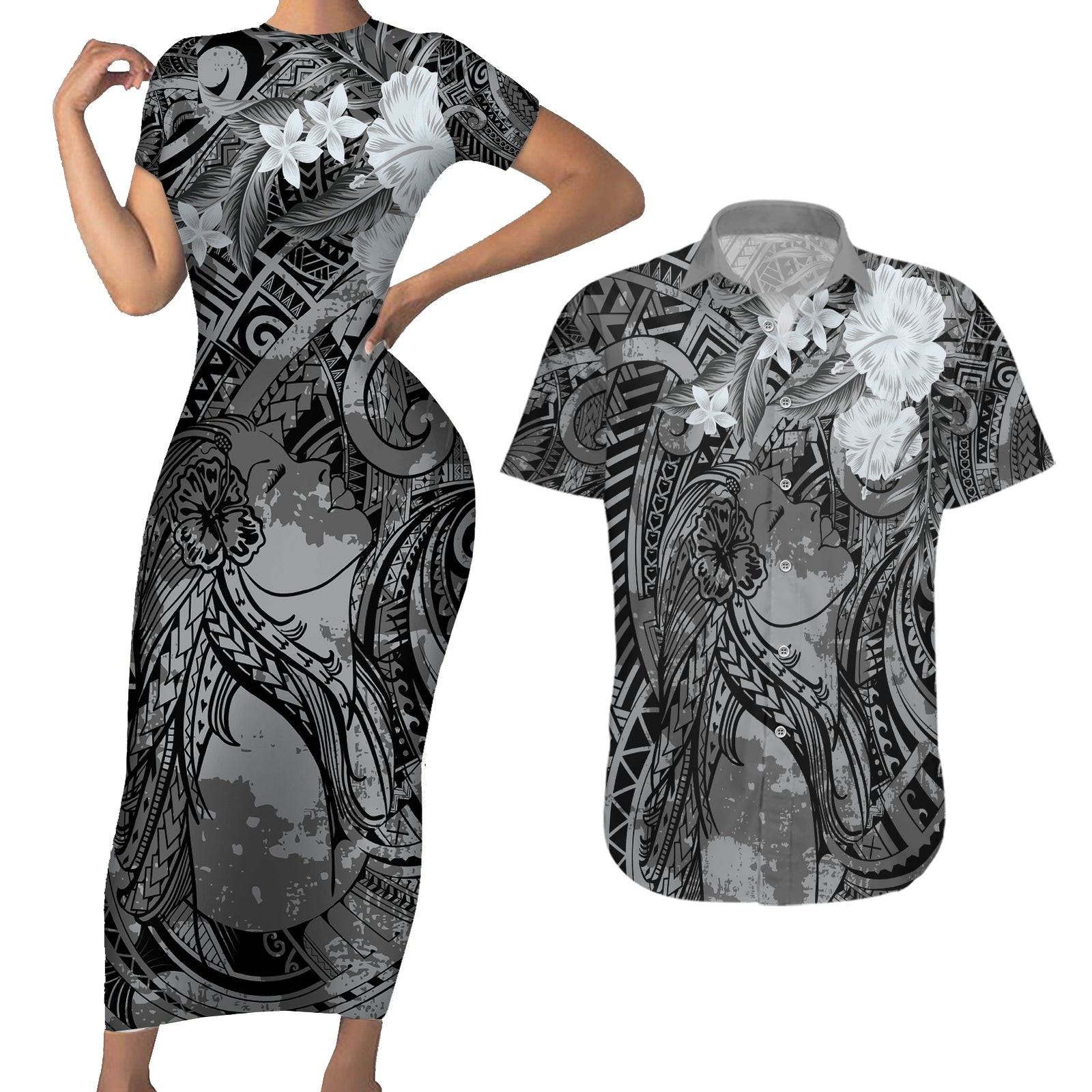 Pacific Beauty Girl Couples Matching Short Sleeve Bodycon Dress and Hawaiian Shirt Black Polyneisan Tribal Vintage Motif LT9 Black - Polynesian Pride