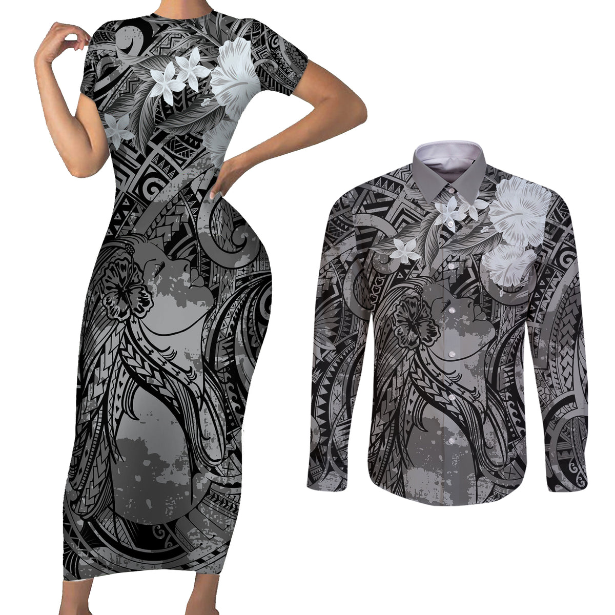 Pacific Beauty Girl Couples Matching Short Sleeve Bodycon Dress and Long Sleeve Button Shirt Black Polyneisan Tribal Vintage Motif