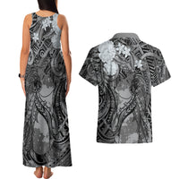 Pacific Beauty Girl Couples Matching Tank Maxi Dress and Hawaiian Shirt Black Polyneisan Tribal Vintage Motif