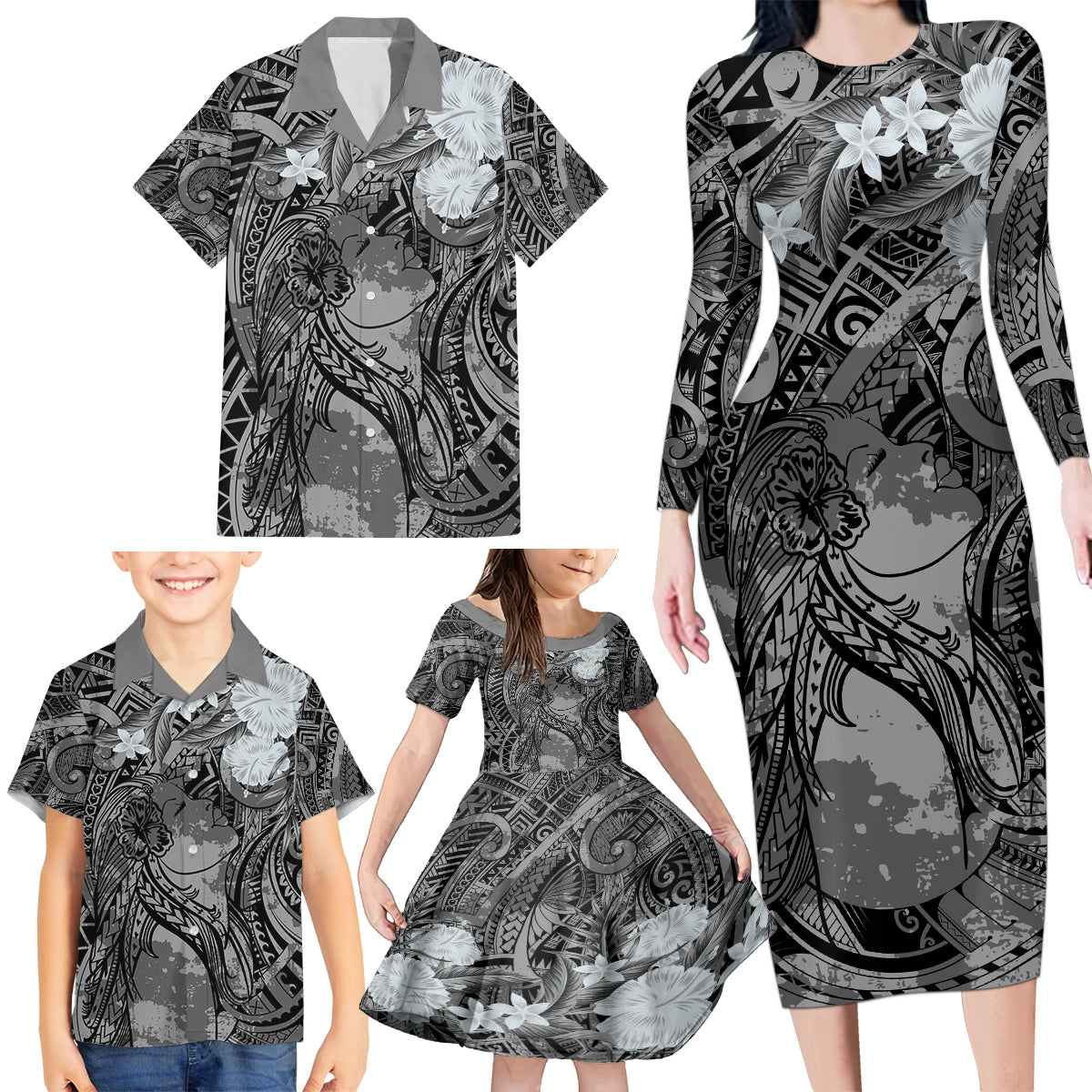 Pacific Beauty Girl Family Matching Long Sleeve Bodycon Dress and Hawaiian Shirt Black Polyneisan Tribal Vintage Motif LT9 - Polynesian Pride